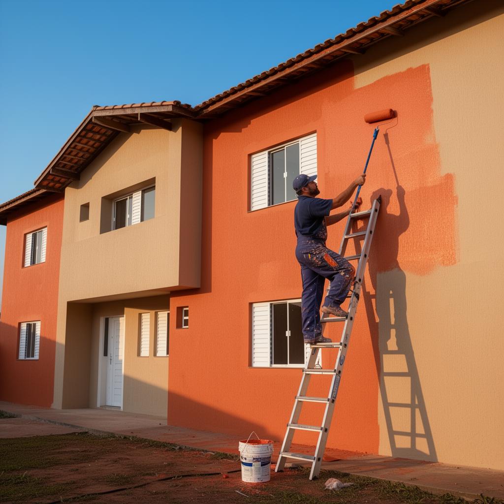 Pintor pintando fachada externa de casa em dia ensolarado