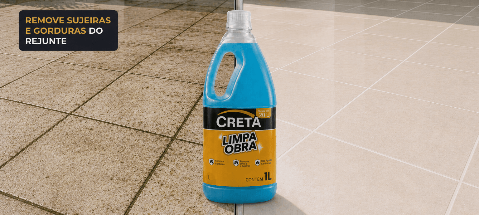 Frasco de 1 litro do Creta Limpa Obra sobre porcelanato branco com box de banheiro ao fundo