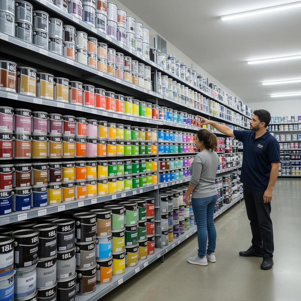 Loja de tintas com prateleiras cheias de produtos e atendimento