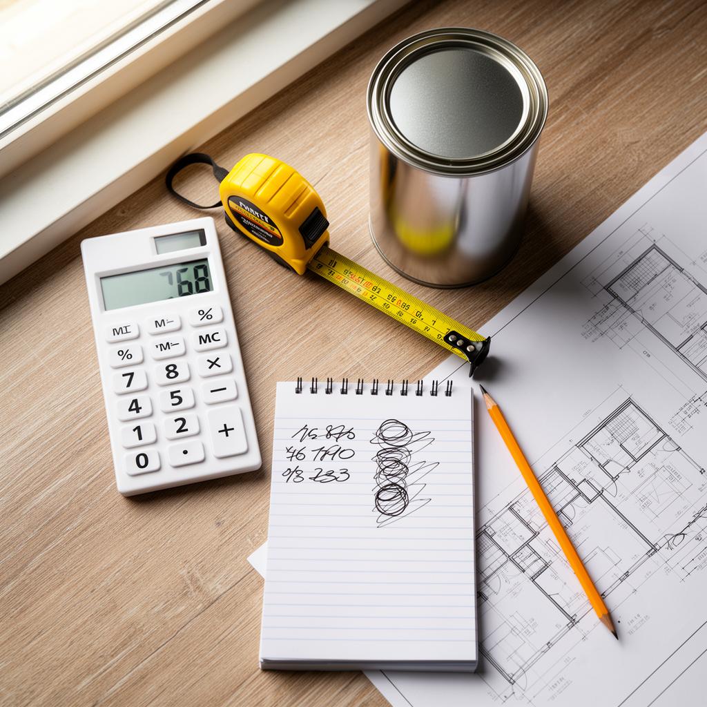 Calculadora, trena e lata de tinta sobre planta da casa