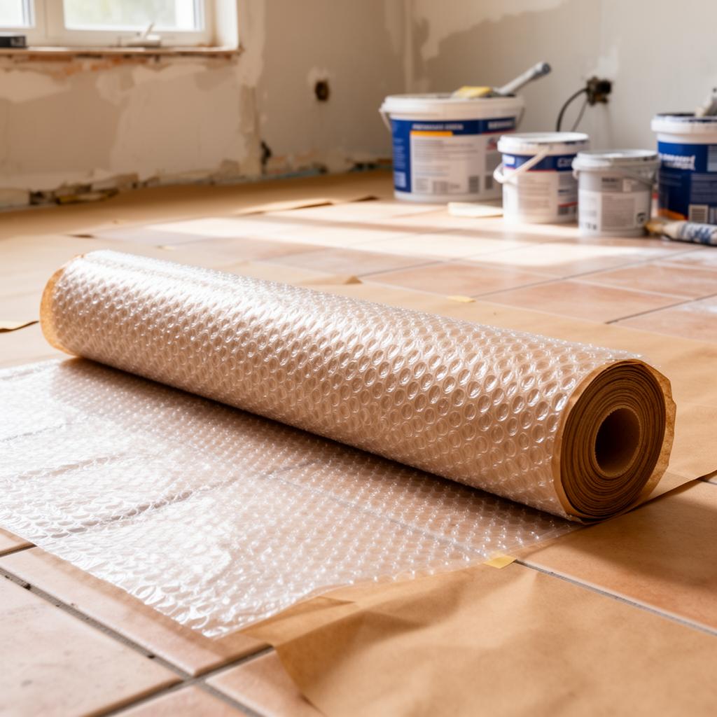 Rolo de proteção de piso com papel kraft e plástico bolha aplicado durante obra de pintura