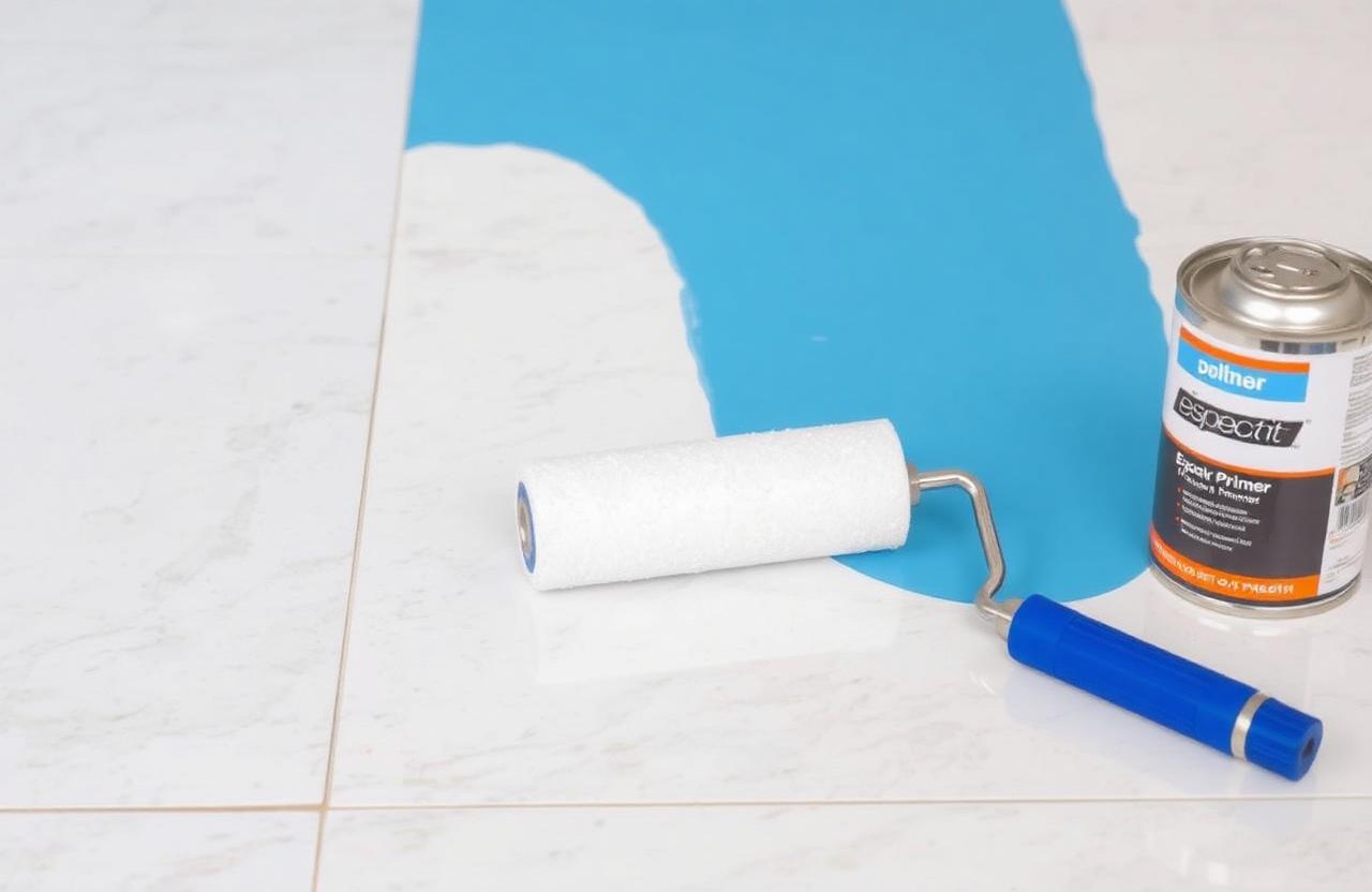 Aplicação de tinta especial sobre piso de porcelanato