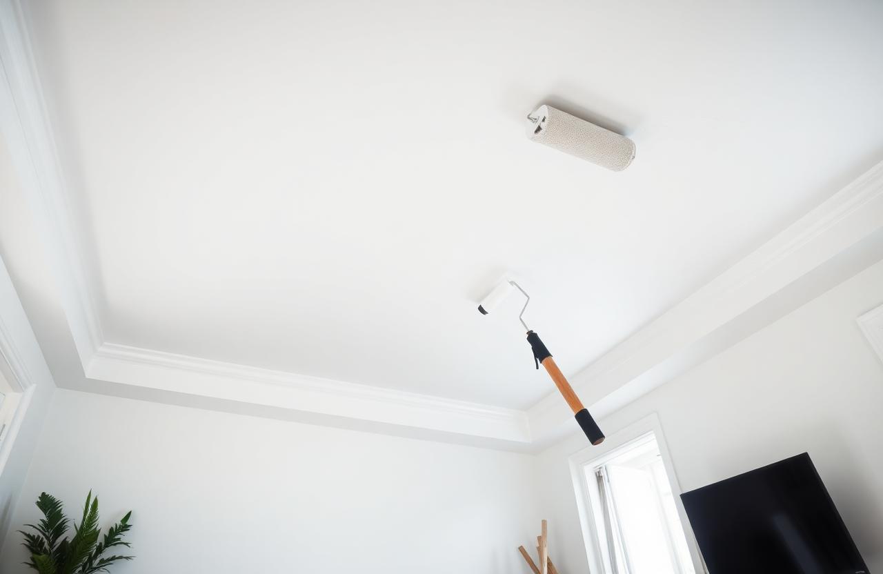 Teto branco sendo pintado com rolo de extensão